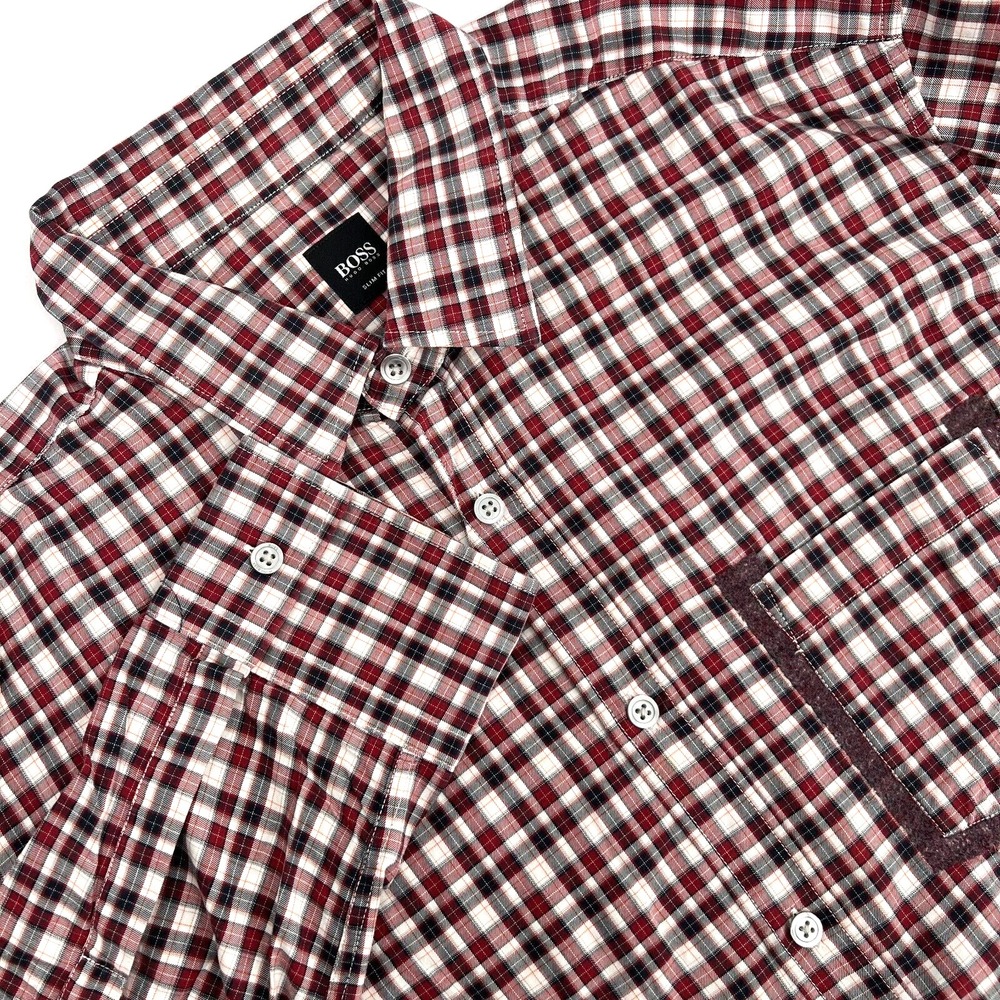 HUGO BOSS Men's Sz XL Slim Fit Burgundy/Black Plaid Long-Sleeve Button-Up Shirt